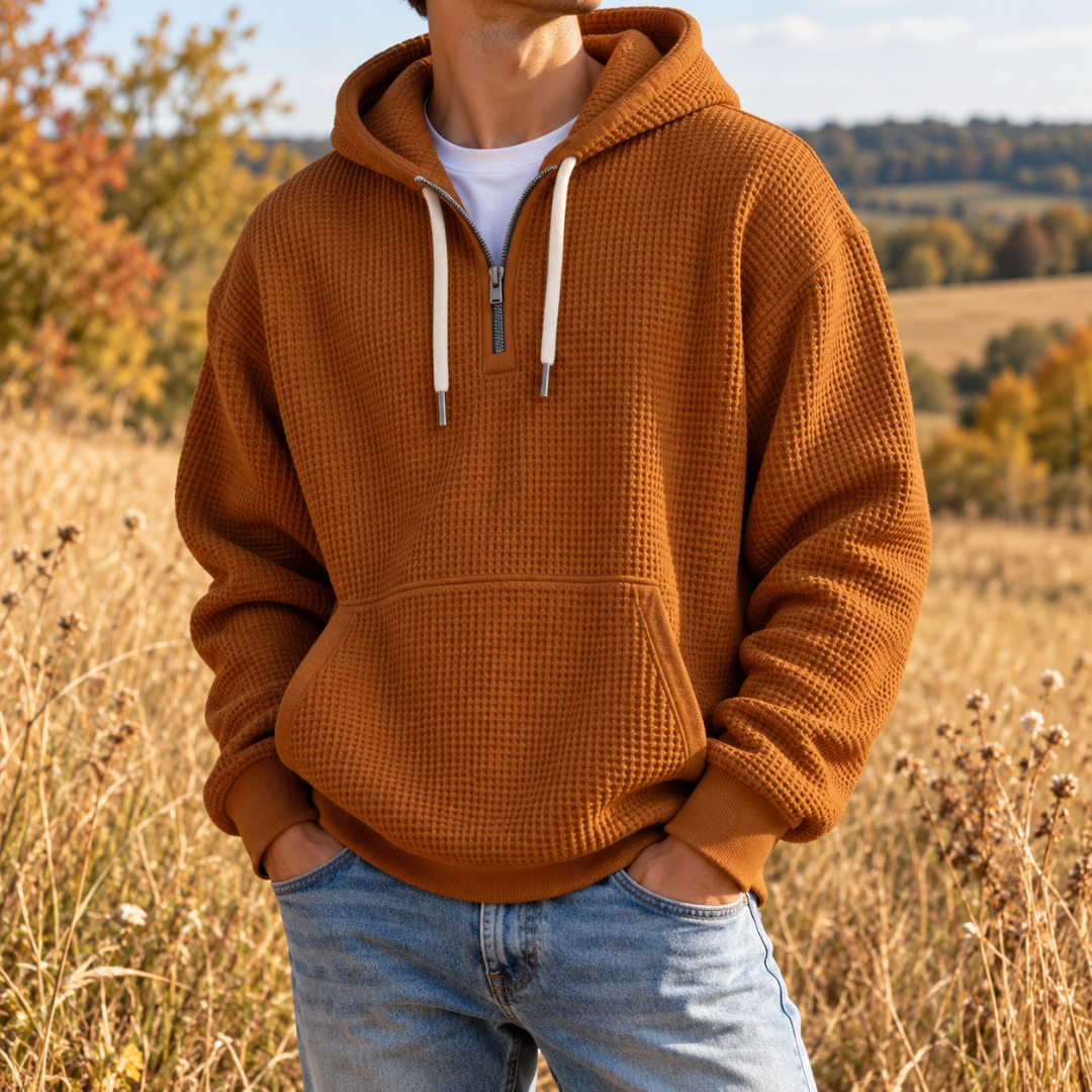 Sweat à capuche orange homme à texture gaufrée, capuche et cordons blancs