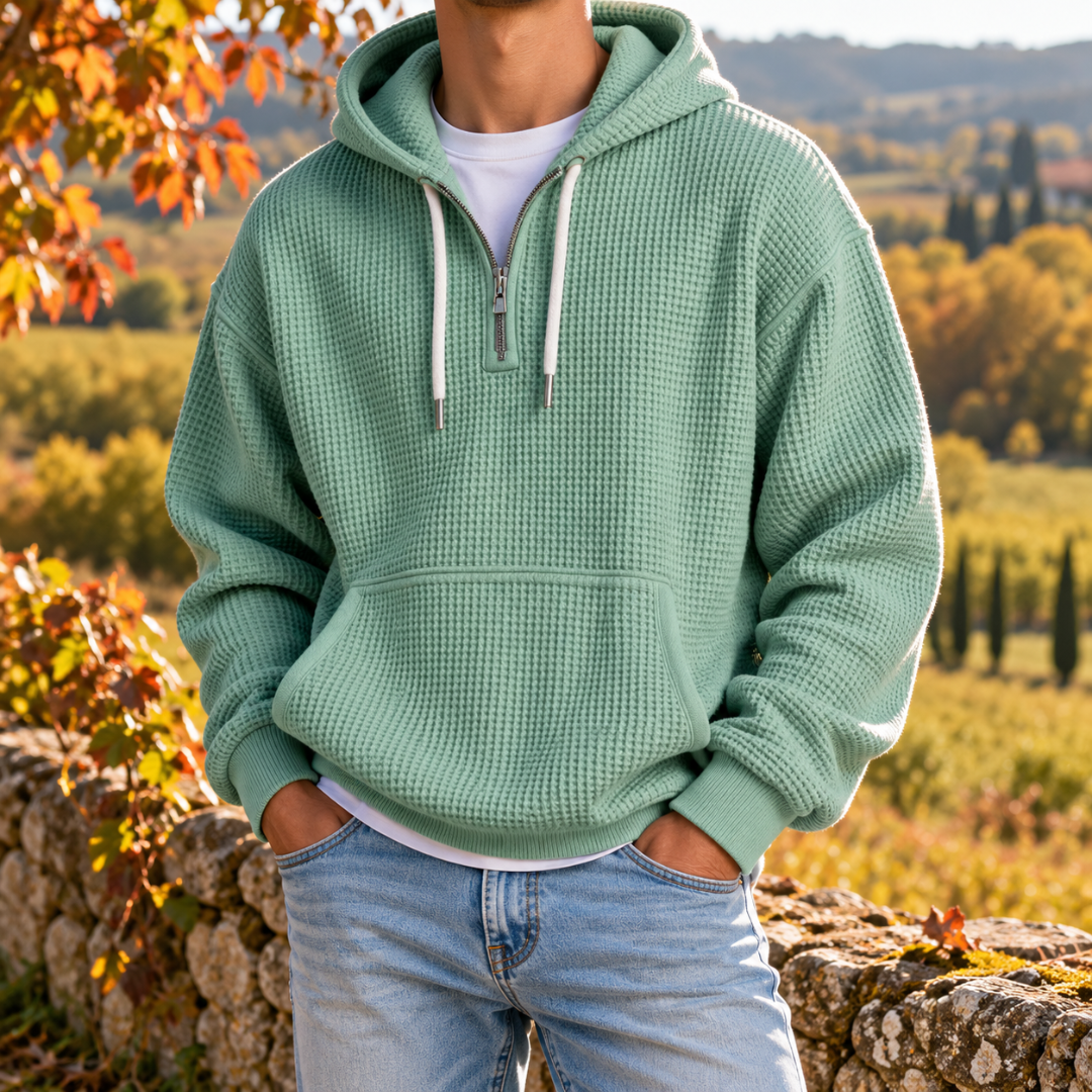Sweat à capuche vert clair homme avec demi-zip, capuche et texture gaufrée