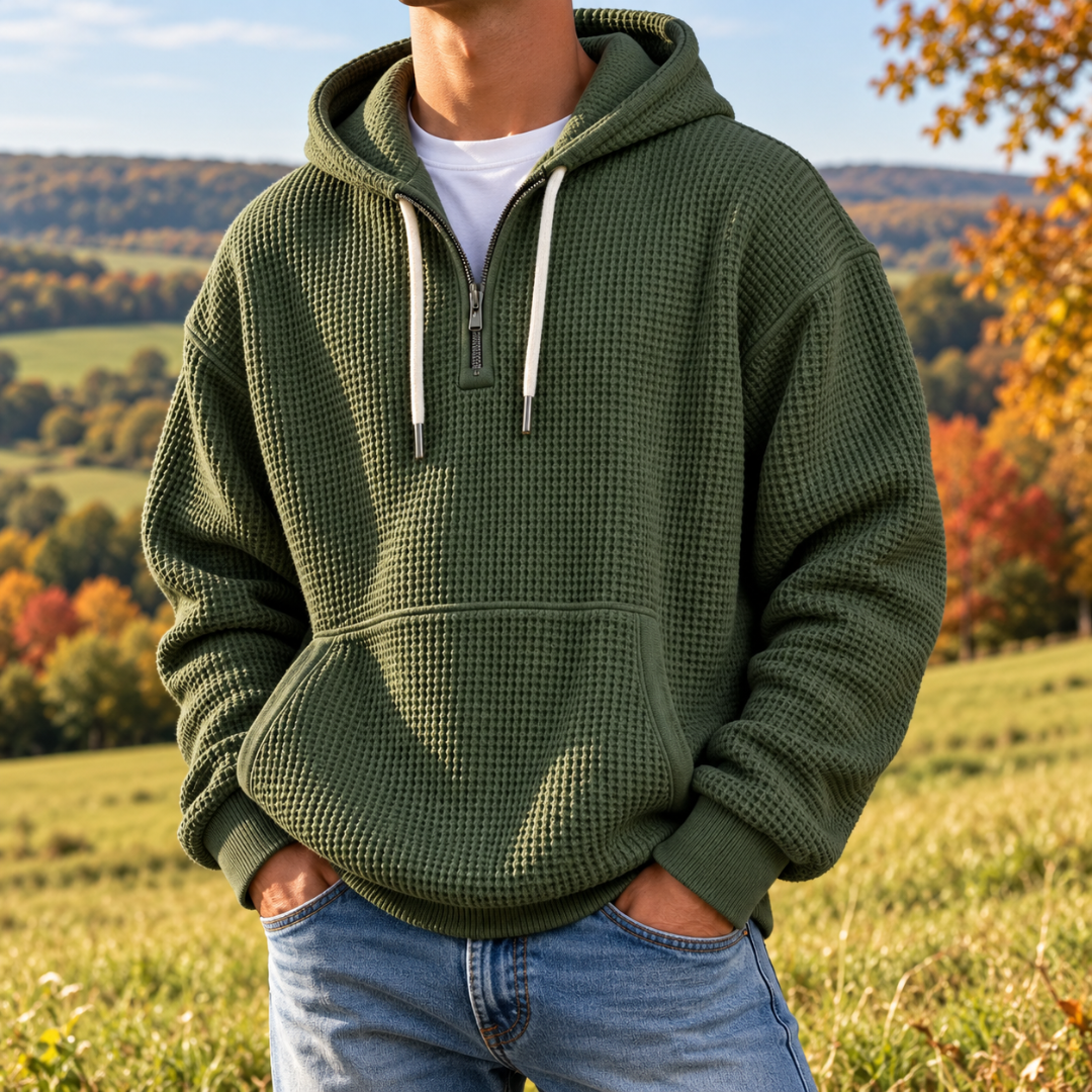 Sweat à capuche vert foncé homme à texture gaufrée et fermeture demi-zip