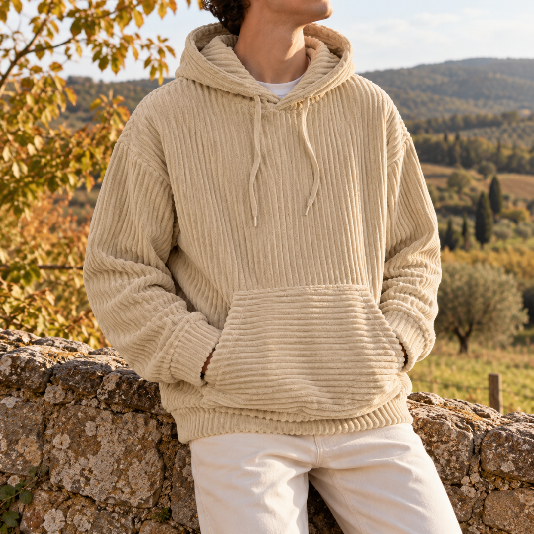 Sweat à capuche homme beige à larges côtes verticales et capuche à cordon