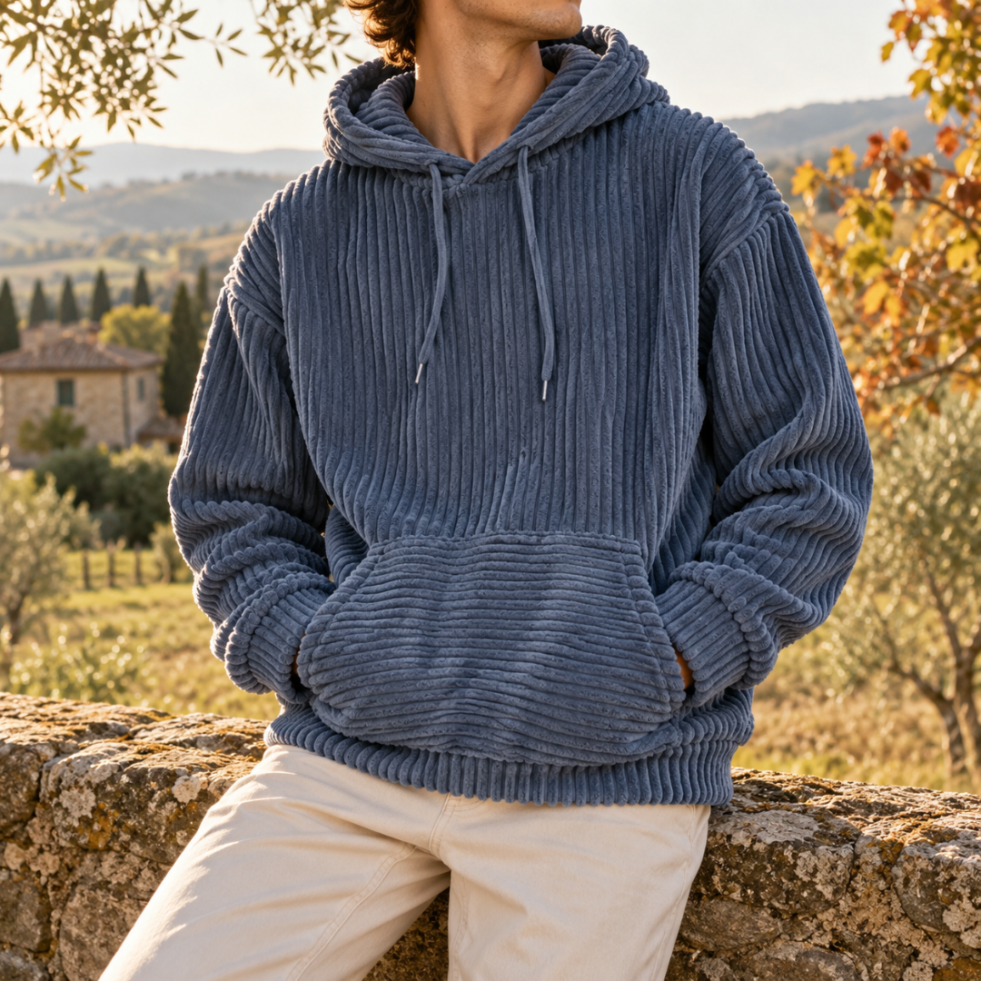 Sweat à capuche homme bleu en velours côtelé, coupe ample et poche kangourou