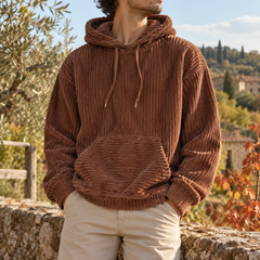 Sweat à capuche homme marron côtelé avec grande poche kangourou devant
