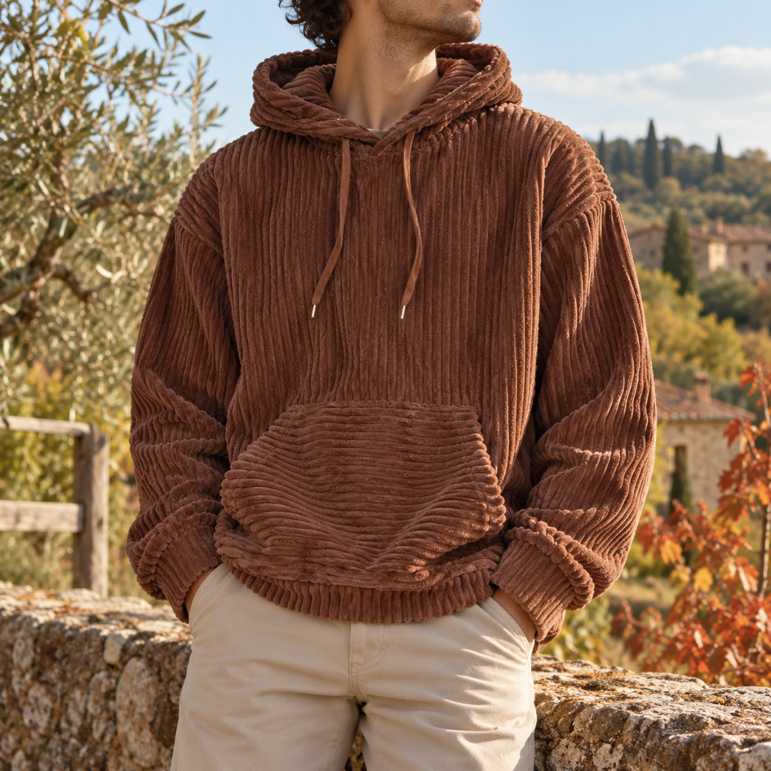 Sweat à capuche homme marron côtelé avec grande poche kangourou devant