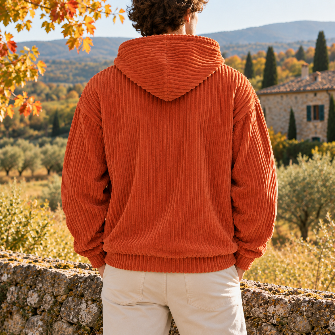 Dos du sweat à capuche orange en velours côtelé avec bas côtelé