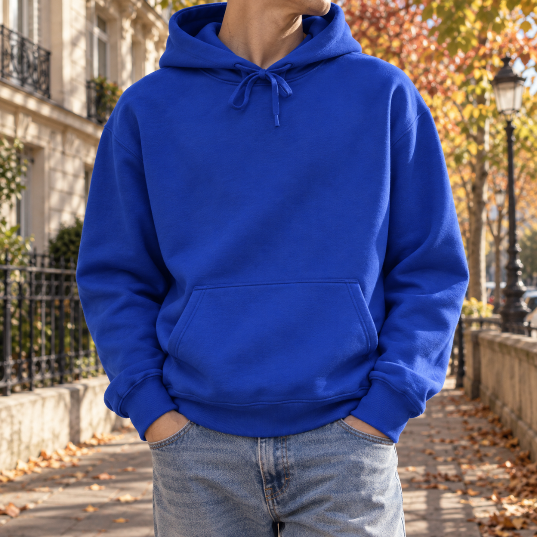 Sweat à capuche homme bleu roi avec cordon de serrage et poche ventrale