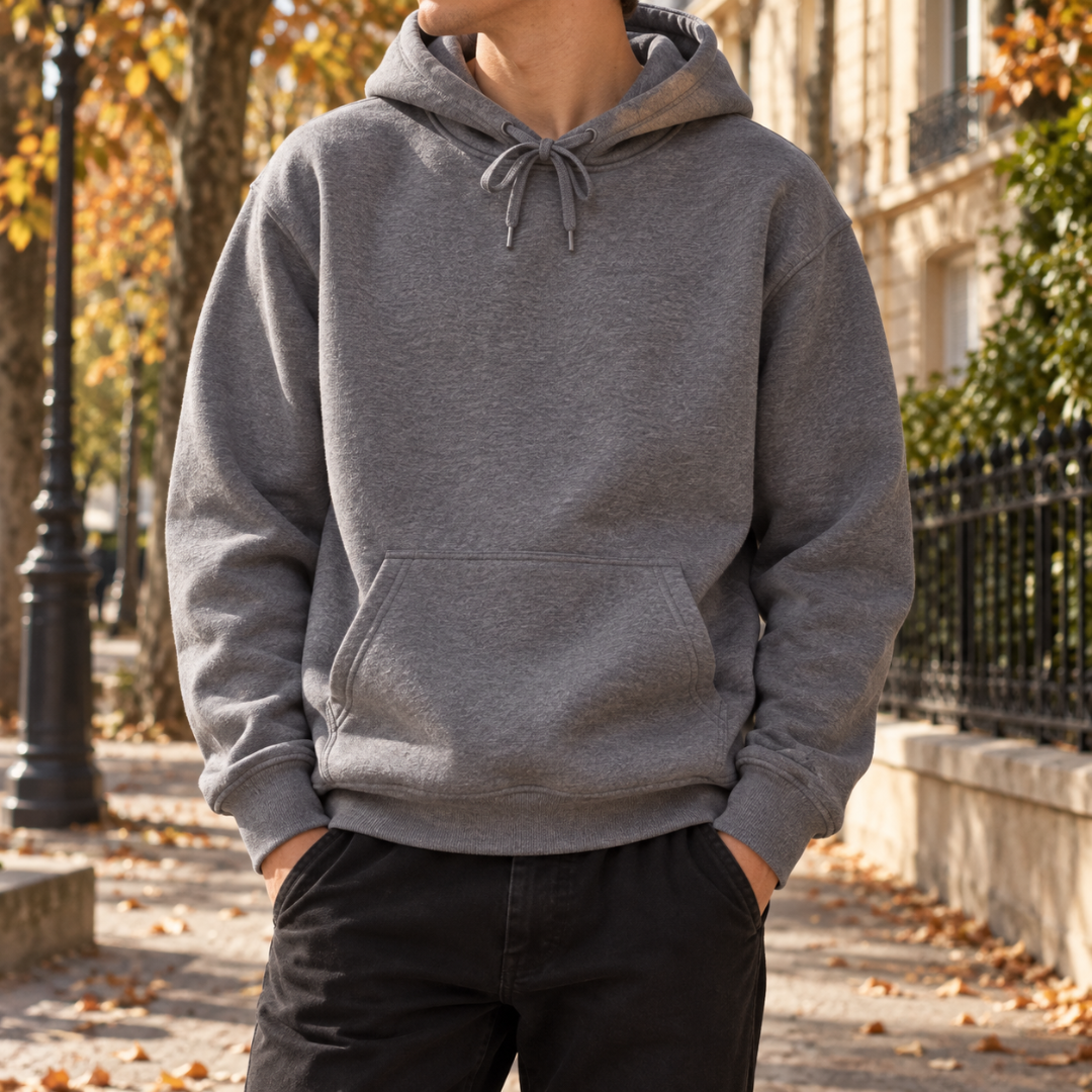 Sweat à capuche homme gris foncé chiné avec poignets et bas côtelés