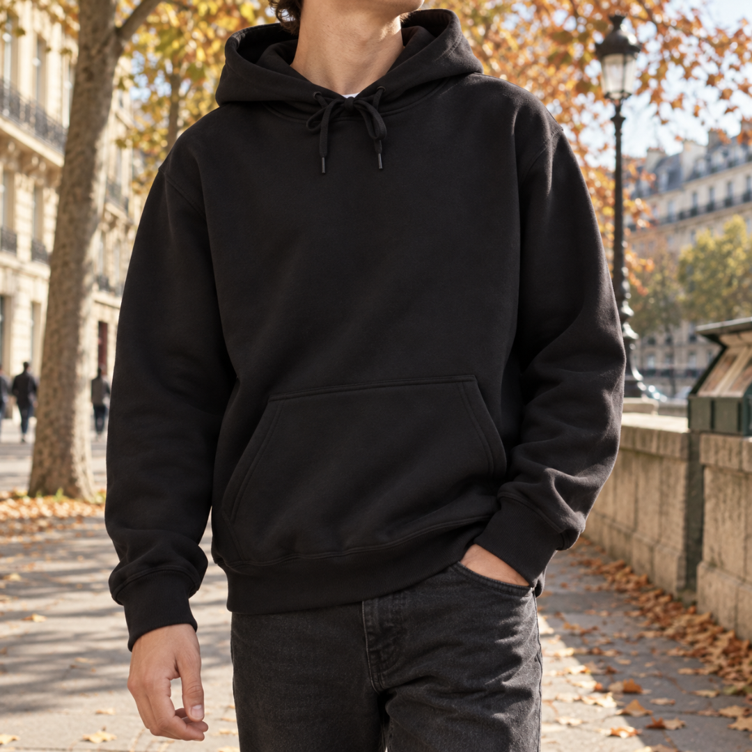 Sweat à capuche homme noir uni avec cordon noué et bas côtelé