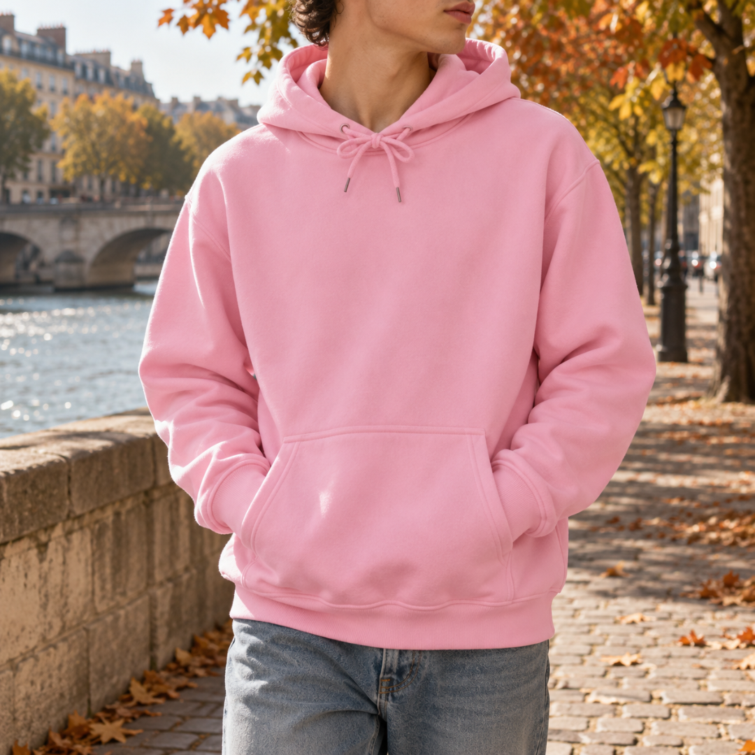 Sweat à capuche homme rose clair avec cordon noué et poche kangourou