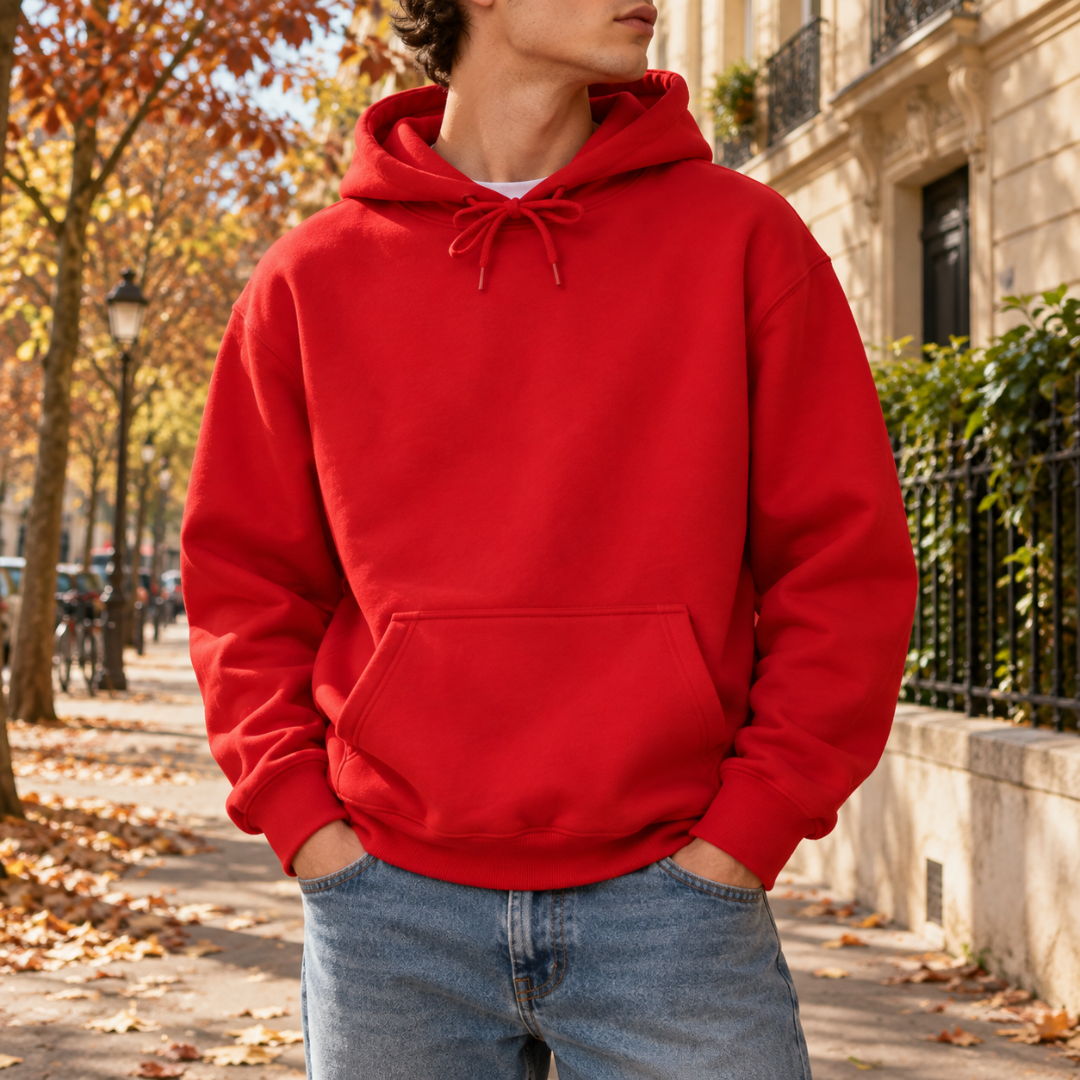 Sweat à capuche homme rouge vif avec capuche à cordon et manches longues