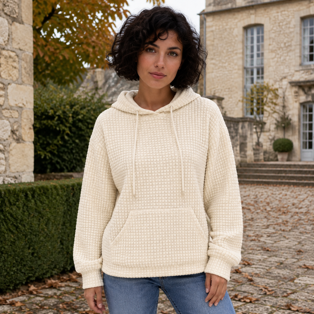 Sweat à capuche beige gaufré avec longs cordons et bas en bords-côtes