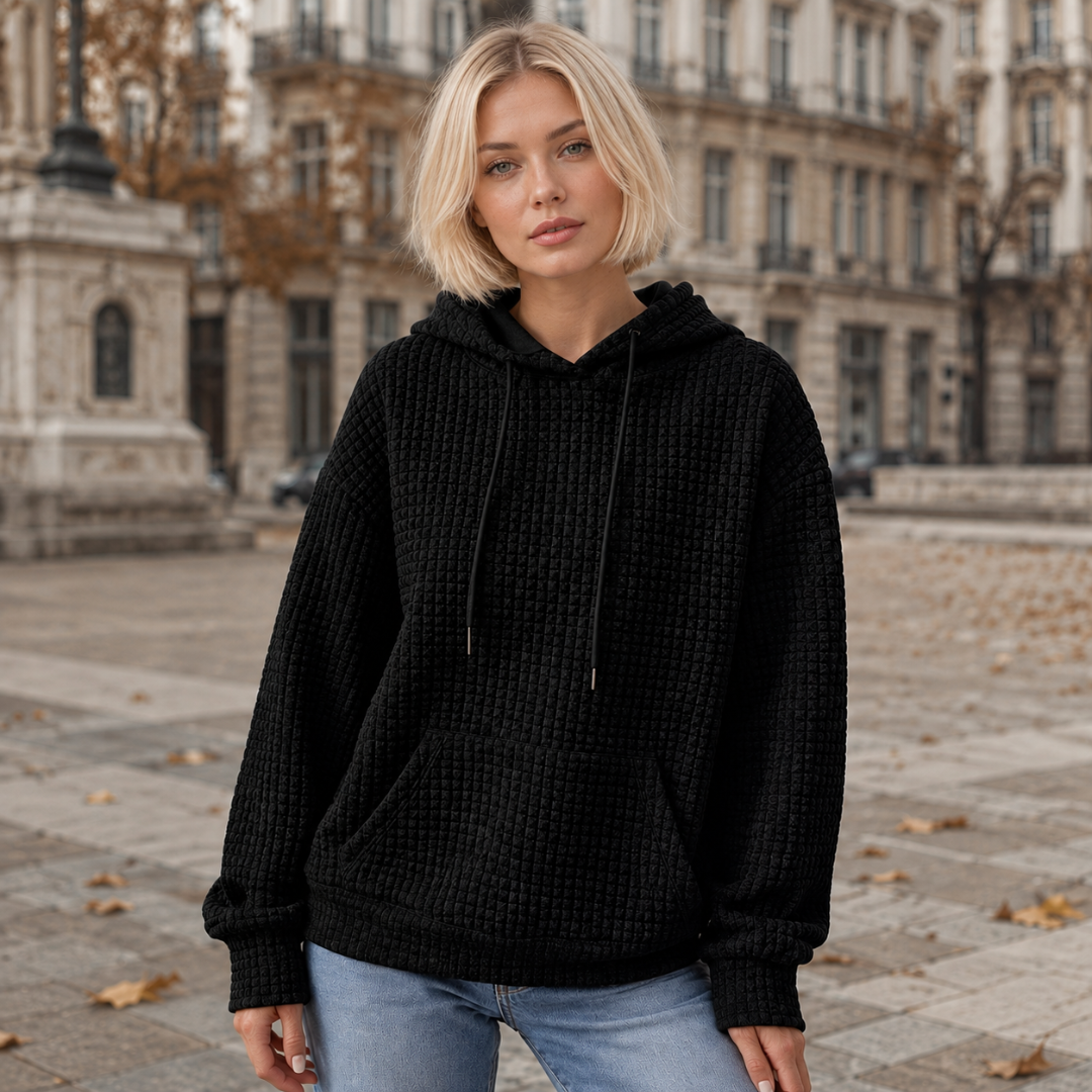 Sweat à capuche noir à texture gaufrée, cordons à embouts et poche kangourou