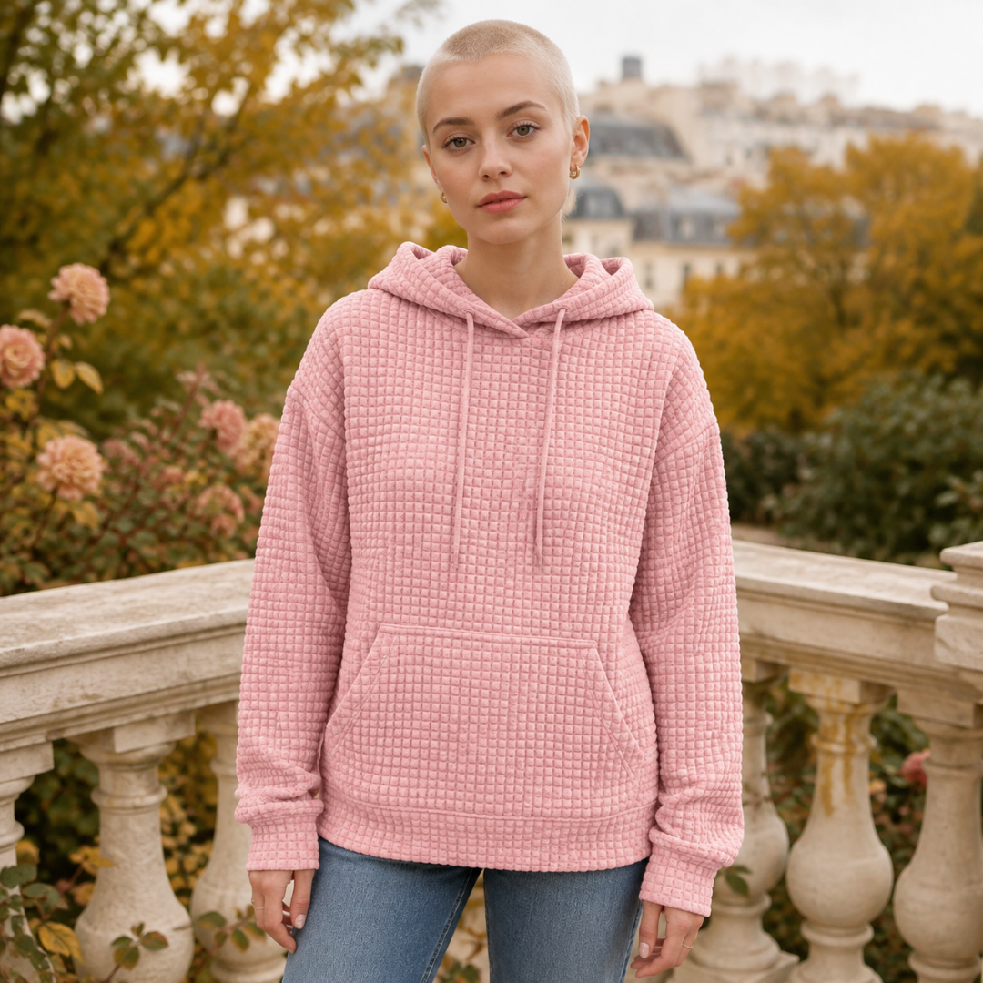 Sweat à capuche rose à texture gaufrée avec cordon de serrage et poche kangourou