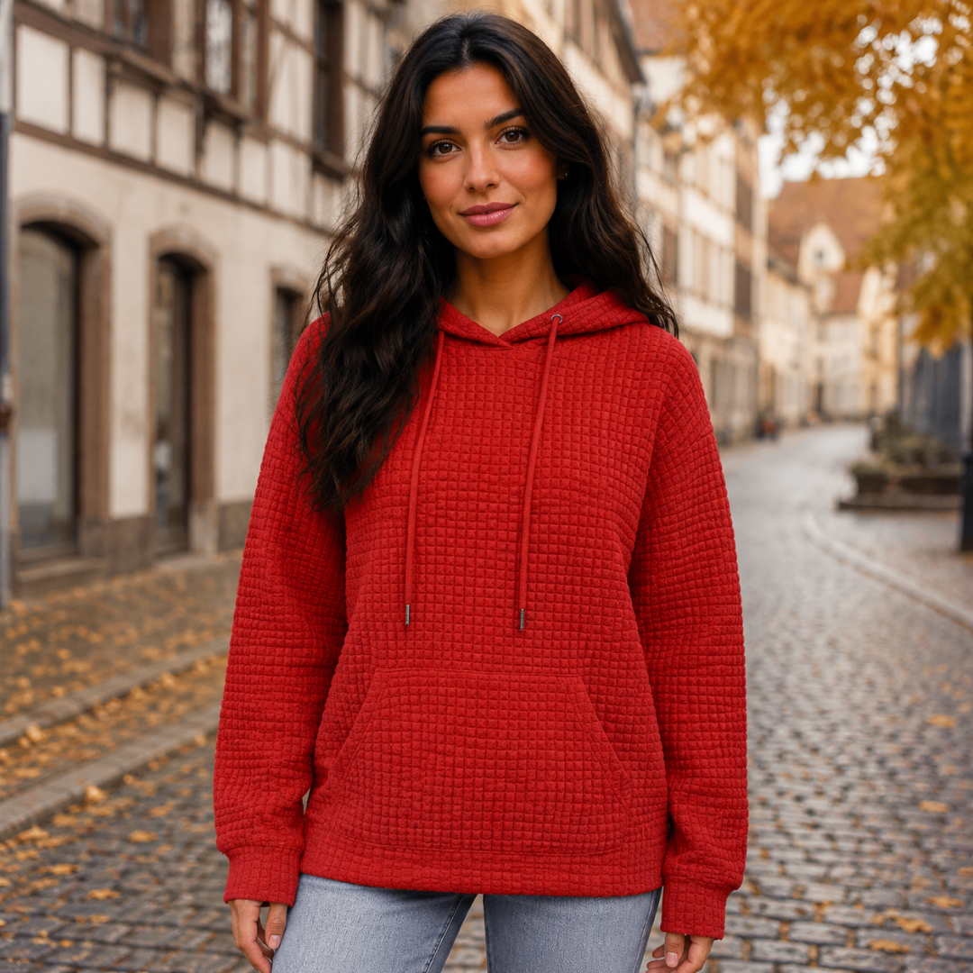Sweat à capuche rouge à texture gaufrée avec cordons à embouts et poche devant