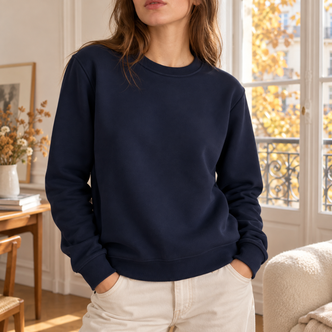 Sweat femme bleu marine à col rond côtelé porté avec un pantalon crème