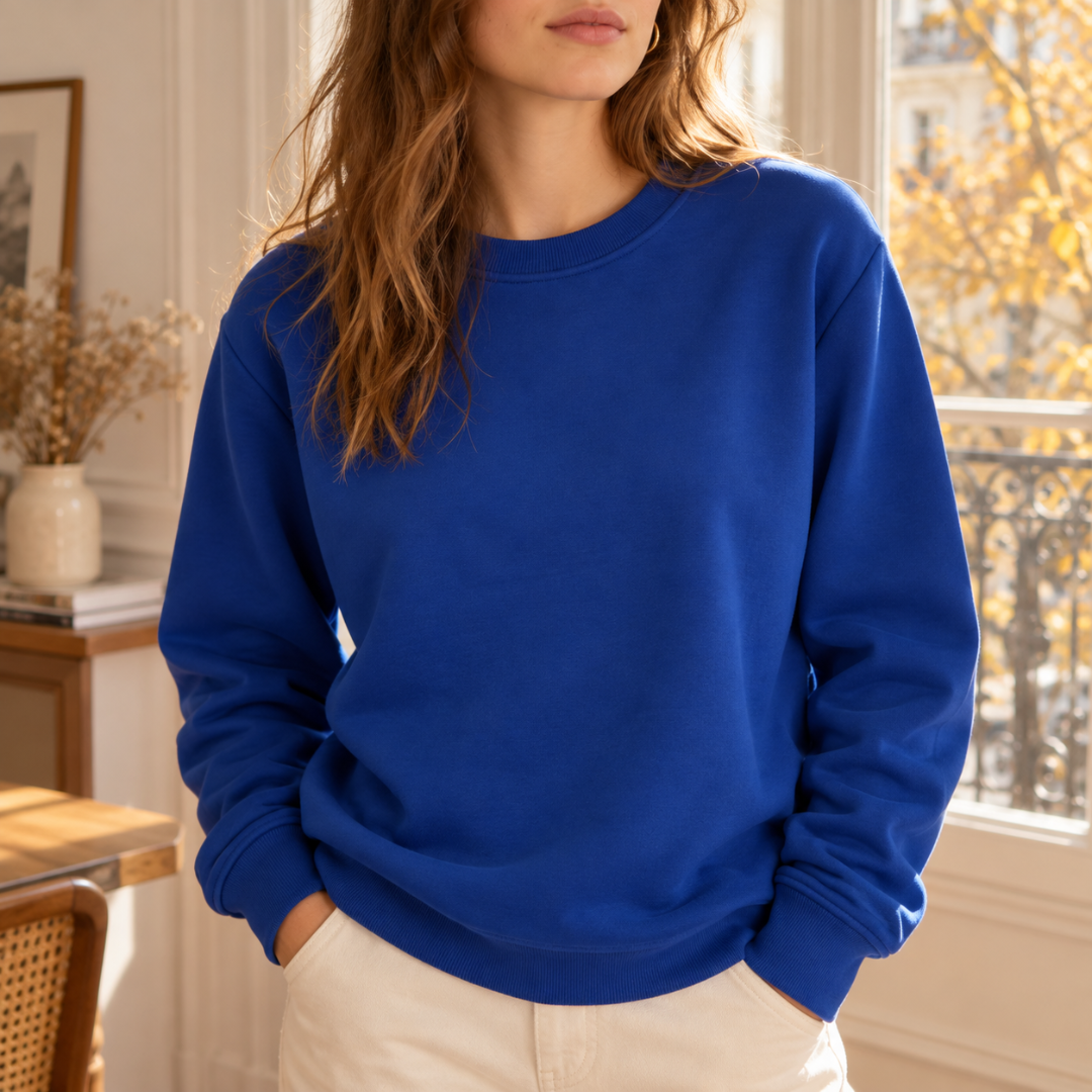 Sweat femme bleu roi uni, col rond côtelé et manches longues