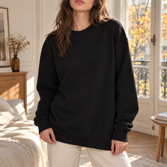 Sweat femme noir uni à col rond côtelé, manches longues et poignets côtelés