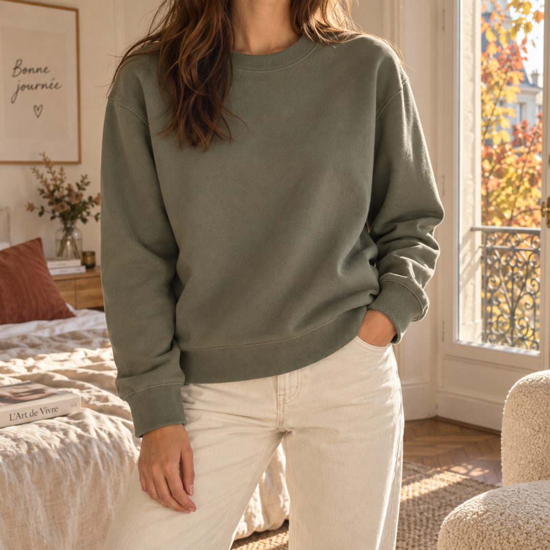 Sweat femme vert gris à col rond, bords côtelés, avec un pantalon écru