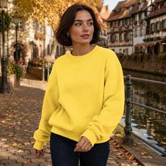 Sweat femme jaune col rond, manches longues et poignets en bord-côtes
