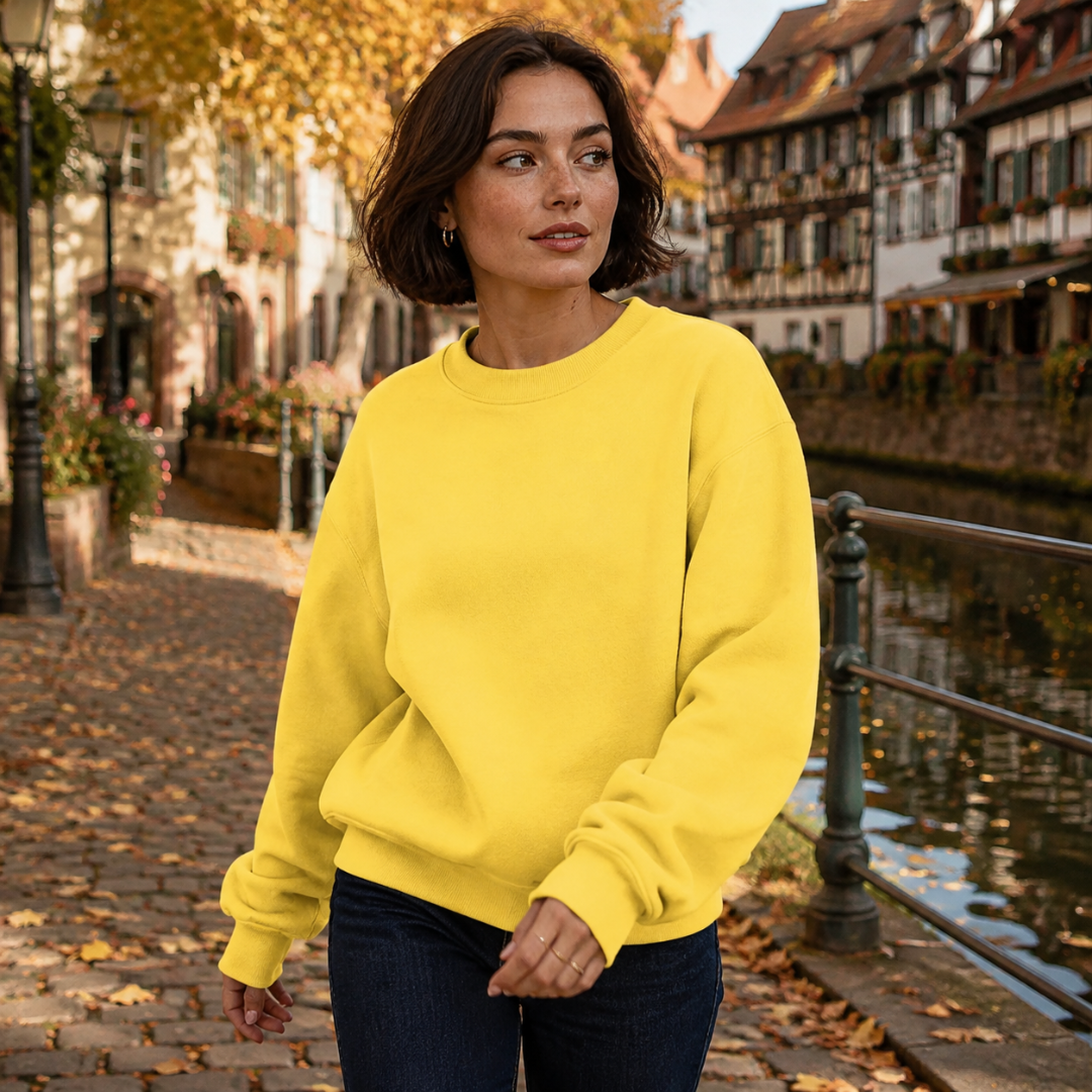 Sweat femme jaune col rond, manches longues et poignets en bord-côtes