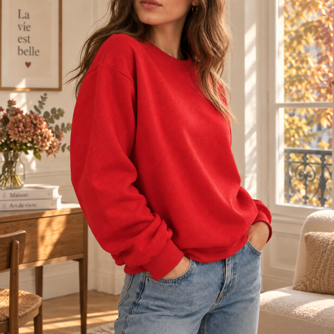 Sweat rouge femme de trois quarts montrant les épaules tombantes et manches longues
