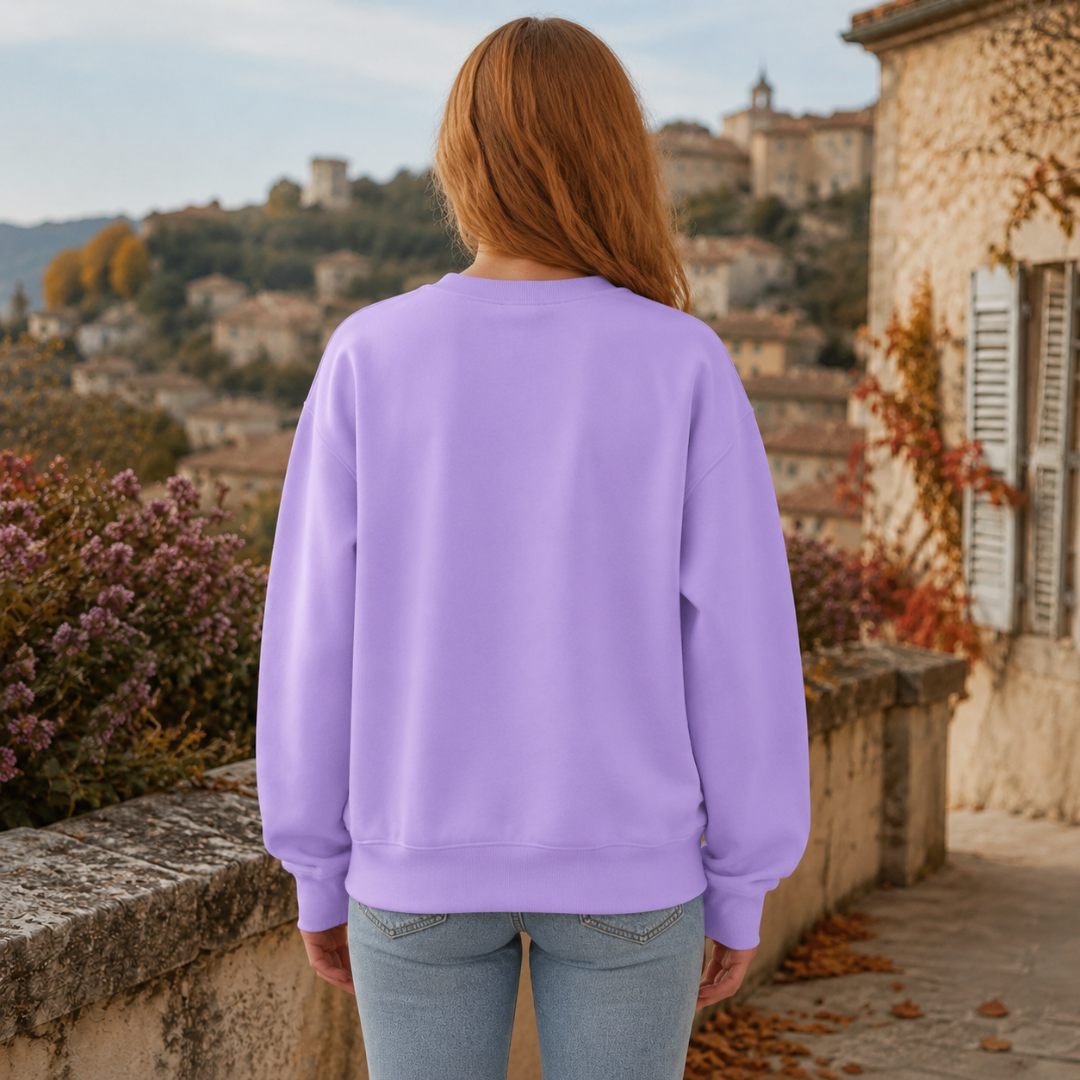 Dos du sweat femme violet avec bas et poignets en bord-côtes