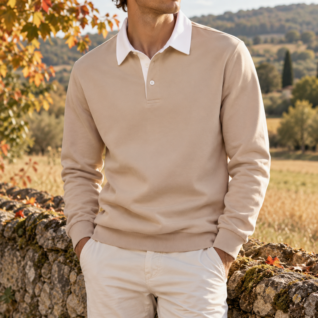 Sweat homme beige à col polo blanc et patte à deux boutons