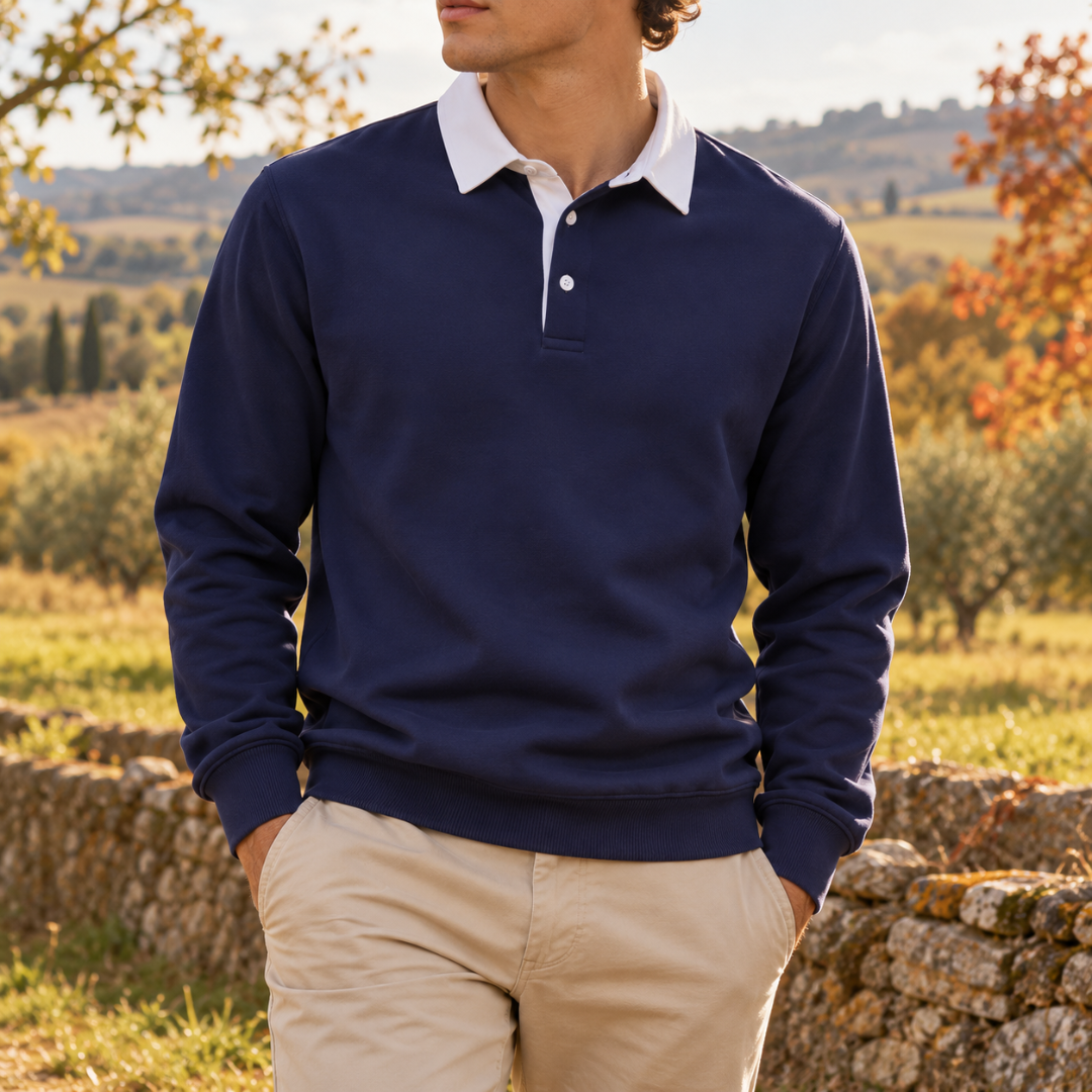 Sweat homme bleu marine à col polo blanc et patte boutonnée