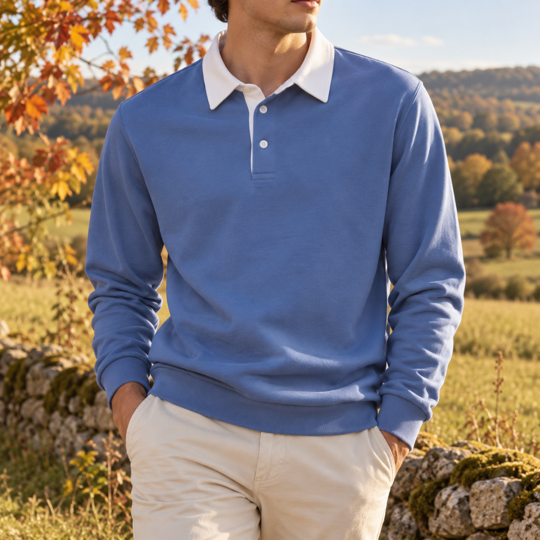 Sweat homme bleu à col polo blanc et patte boutonnée centrale