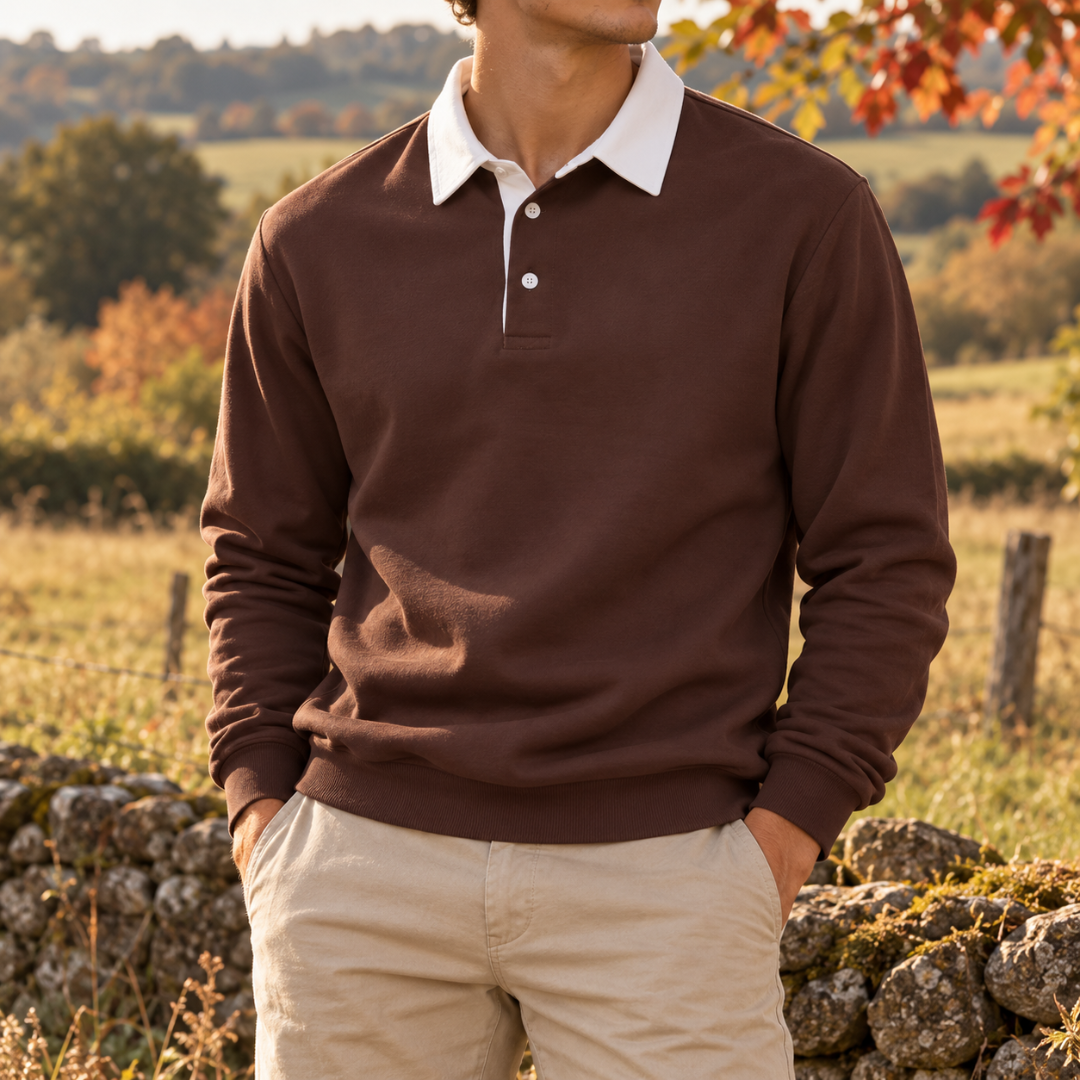 Sweat homme marron à col polo blanc et deux boutons contrastants