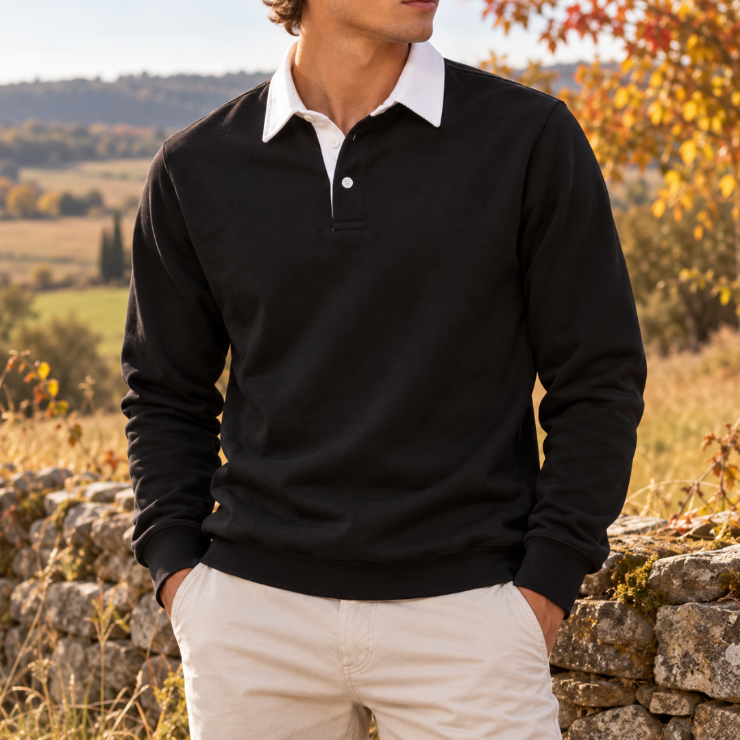 Sweat homme noir à col polo blanc, poignets et taille en bord-côte