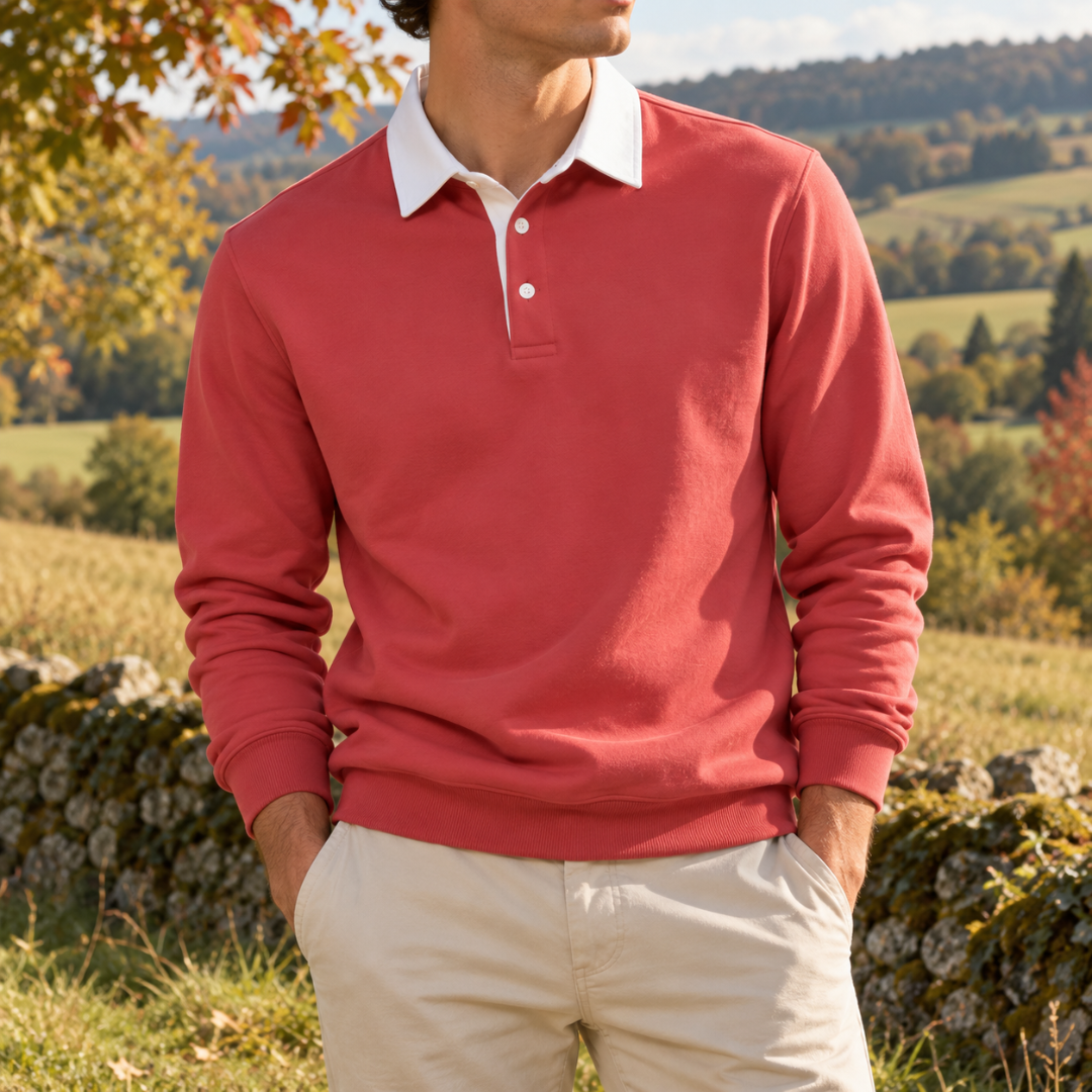 Sweat homme rouge à col polo blanc, manches longues et poignets côtelés