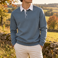 Sweat homme vert à col polo blanc et bande de taille côtelée