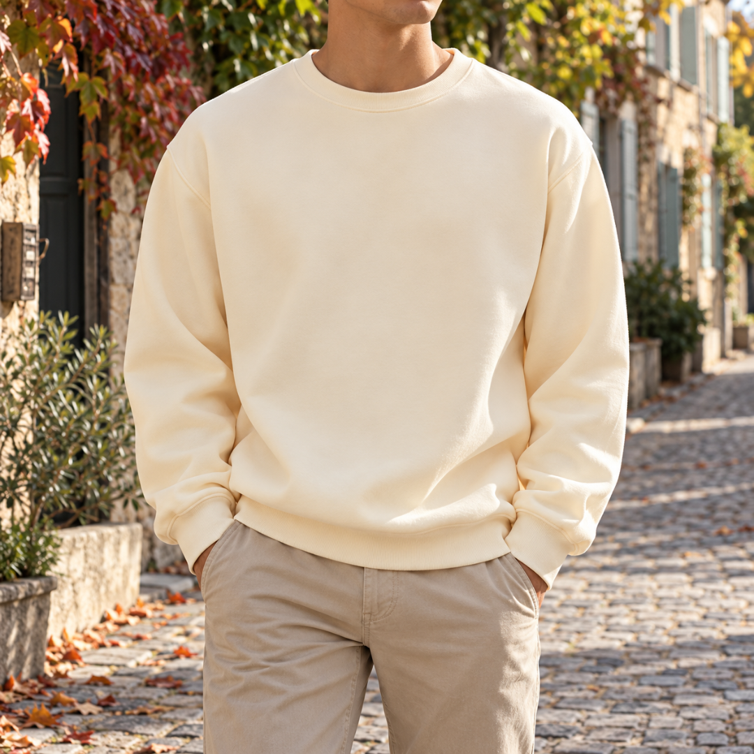 Sweat homme crème uni à col rond et poignets côtelés, vue de face