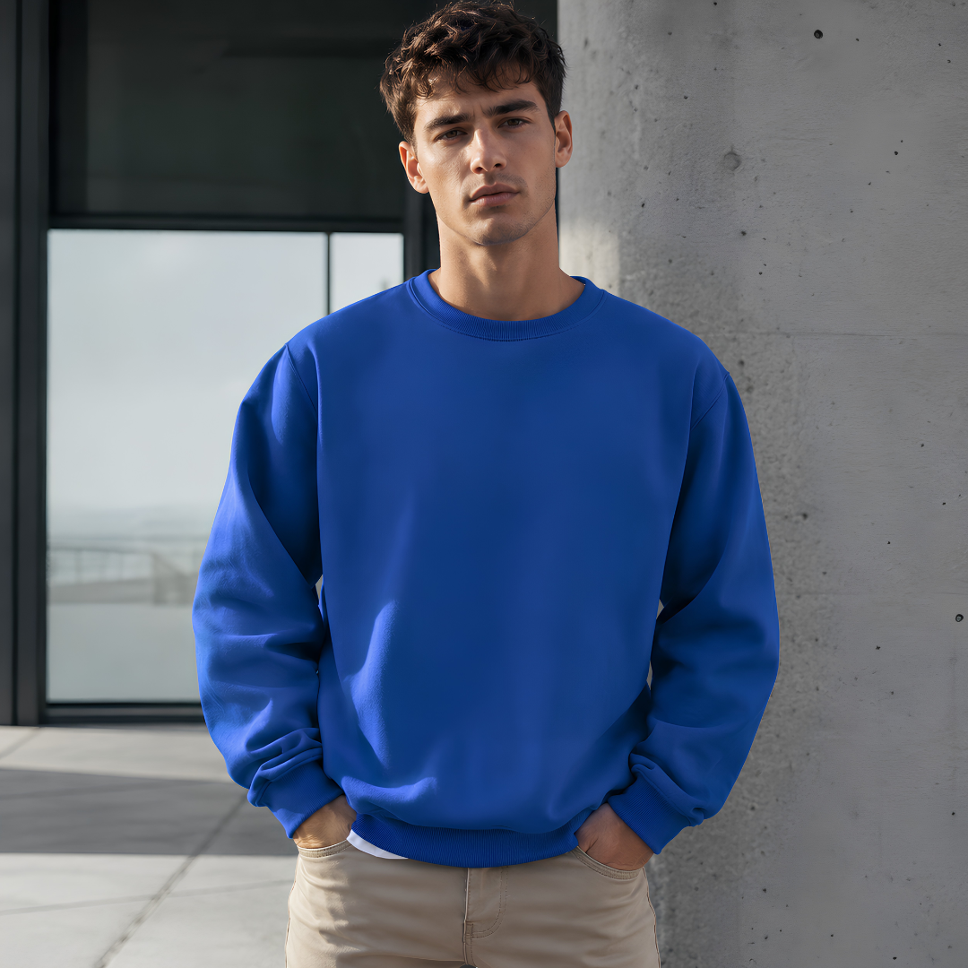 Sweat homme bleu vif à col rond côtelé et bas du vêtement côtelé