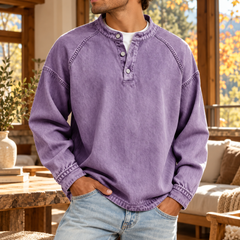 Sweat homme lavande à col tunisien montant et trois boutons clairs