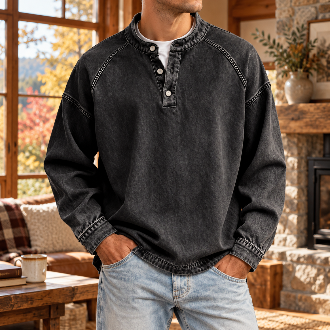 Sweat homme noir délavé à col tunisien boutonné et manches raglan longues
