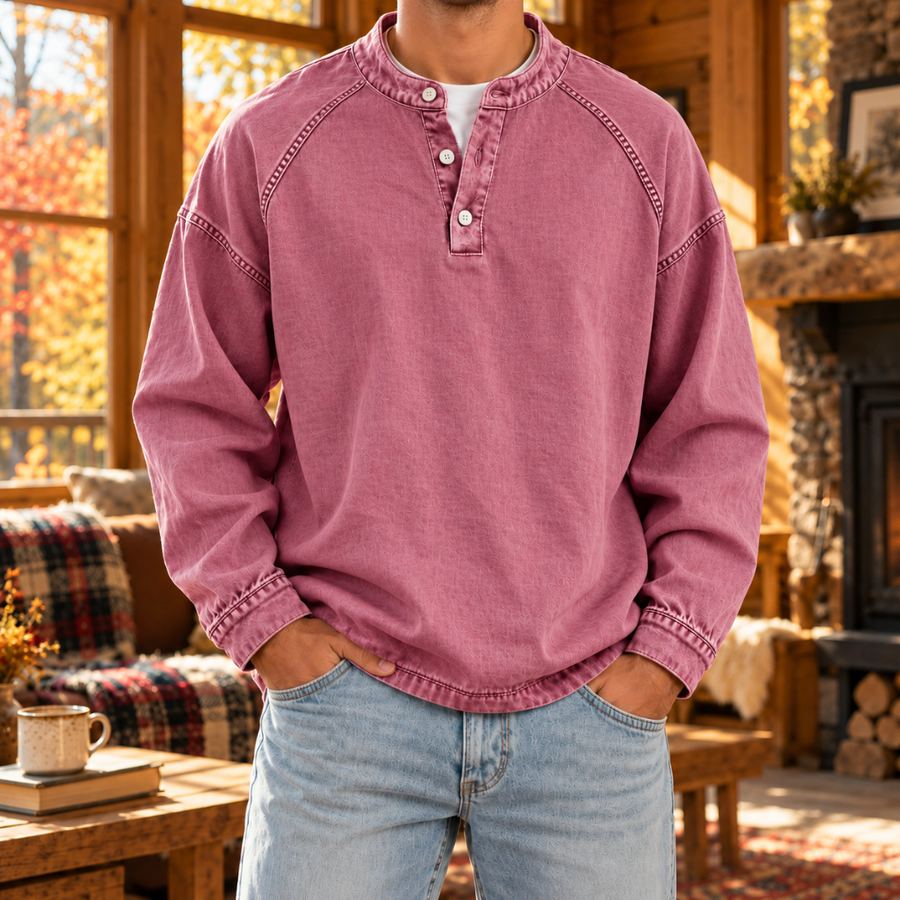 Sweat homme col tunisien rose délavé, patte boutonnée blanche, coupe ample