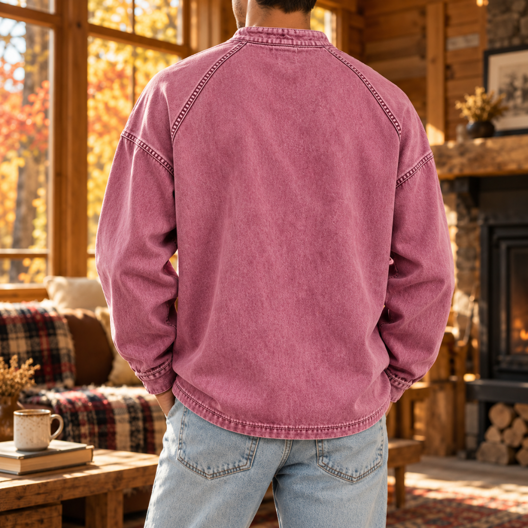 Dos du sweat homme rose délavé avec coutures raglan et ourlet piqué