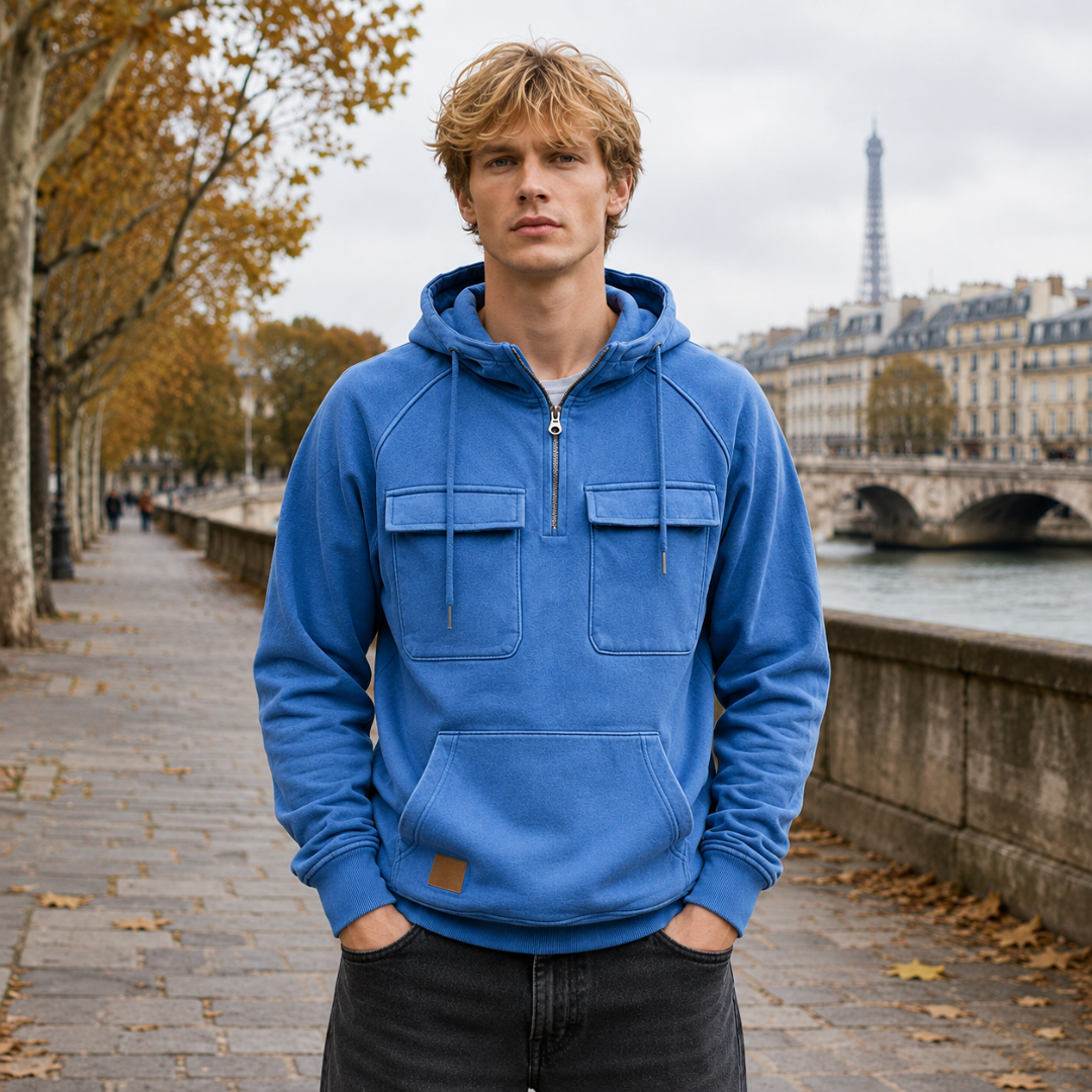 Sweat à capuche bleu homme, demi-zip et deux poches poitrine à rabat