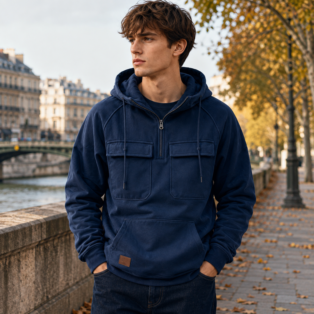 Sweat bleu marine à capuche homme, poches poitrine à rabat marquées