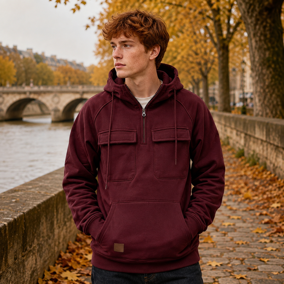 Sweat bordeaux à capuche, poignets côtelés et fermeture demi-zip