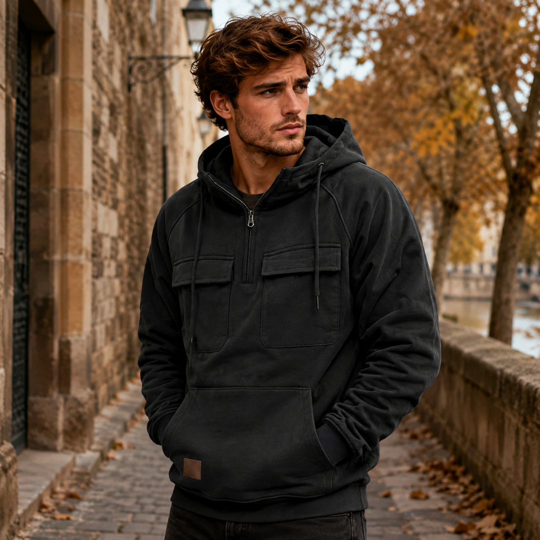 Sweat gris foncé à capuche, demi-zip et poche kangourou sur le devant