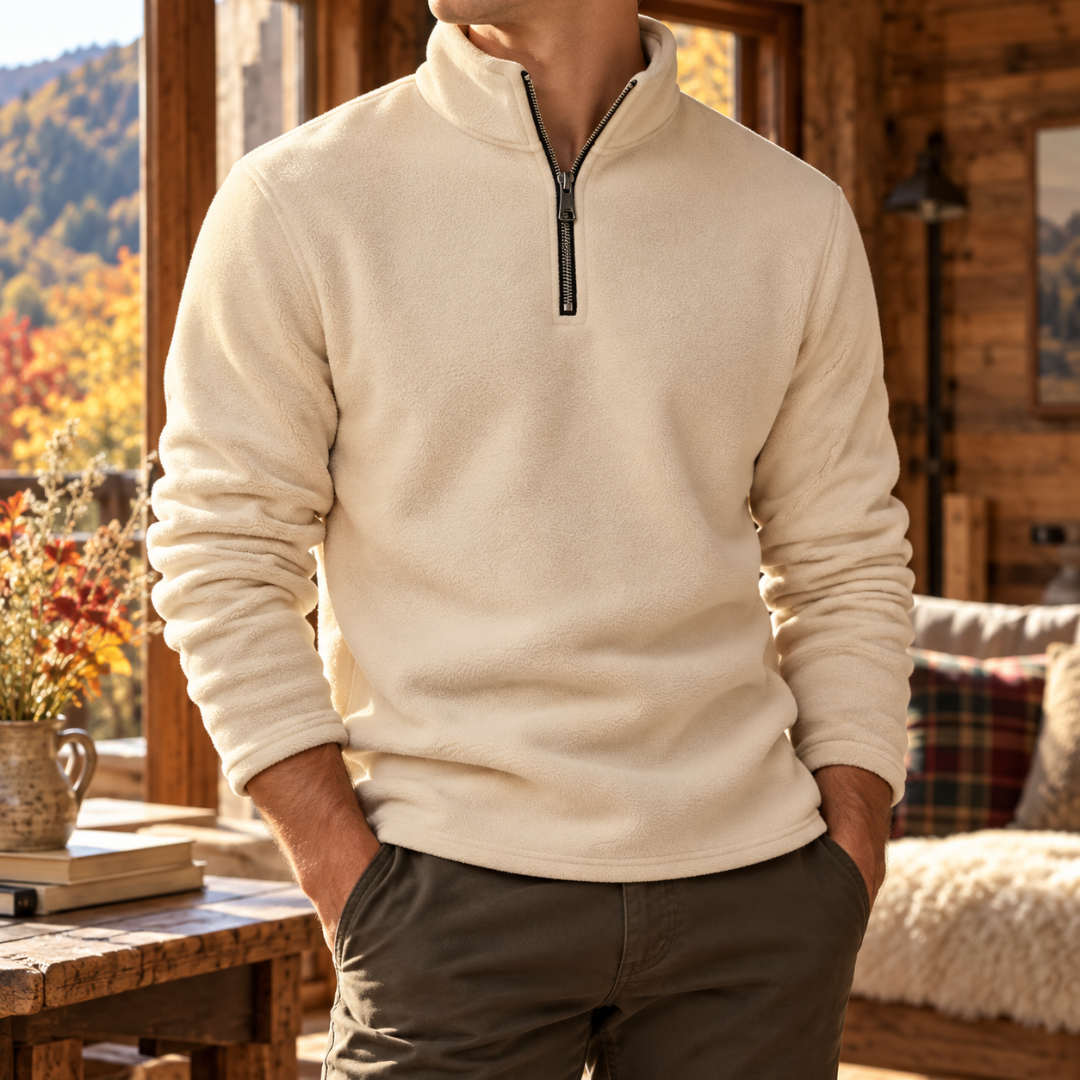 Sweat beige homme à col montant et fermeture zippée courte, aspect polaire doux