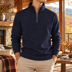 Sweat bleu marine homme à col montant et fermeture zippée courte sur le devant