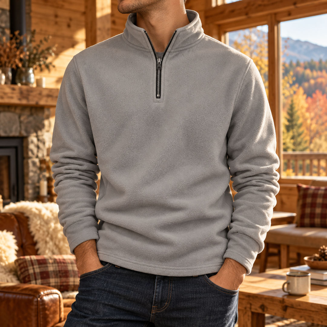 Sweat homme gris à col montant et demi-zip noir, manches longues unies