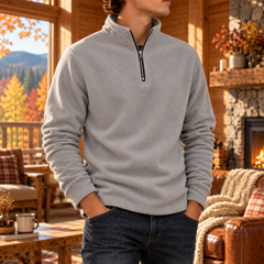 Sweat gris homme avec curseur de zip apparent et manches longues, vue de trois quarts