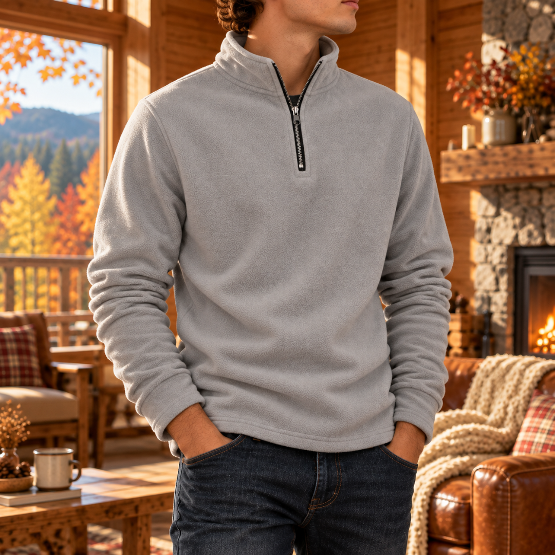 Sweat gris homme avec curseur de zip apparent et manches longues, vue de trois quarts