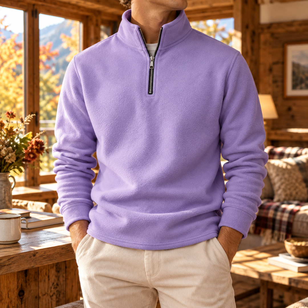 Sweat lavande homme à col montant zippé, manches longues et bas droit