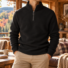 Sweat noir homme à demi-zip et col montant, poignets côtelés et bas droit
