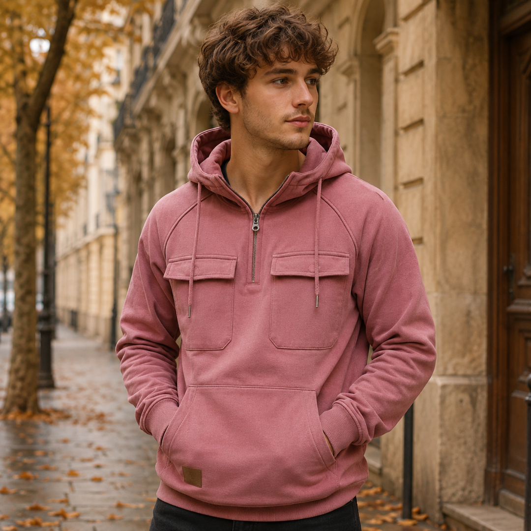 Sweat à capuche rose homme avec demi-zip et poches poitrine à rabat